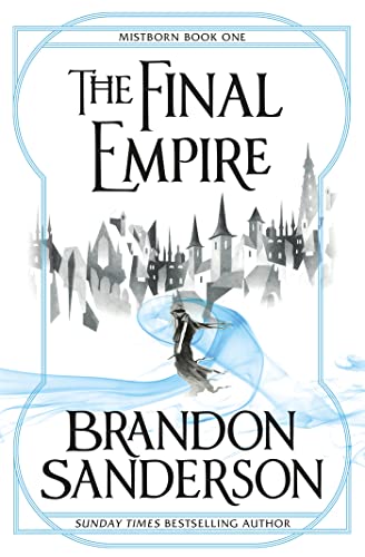 The Final Empire by Brandon Sanderson book cover, a white background a blue double lined frame around the book, inside a small illustration of a city landscape, in front a ghostly figure with blue smoke coming off it.