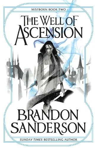The Well of Ascension by Brandon Sanderson book cover. A white cover with Blue smoke coming off a female illustration drawing (sketch style) in the middle.