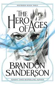 The Hero of Ages by Brandon Sanderson cover with a blue twin-lined border, in the middle a large sketch illustration of a women with blue smoke going over her face.