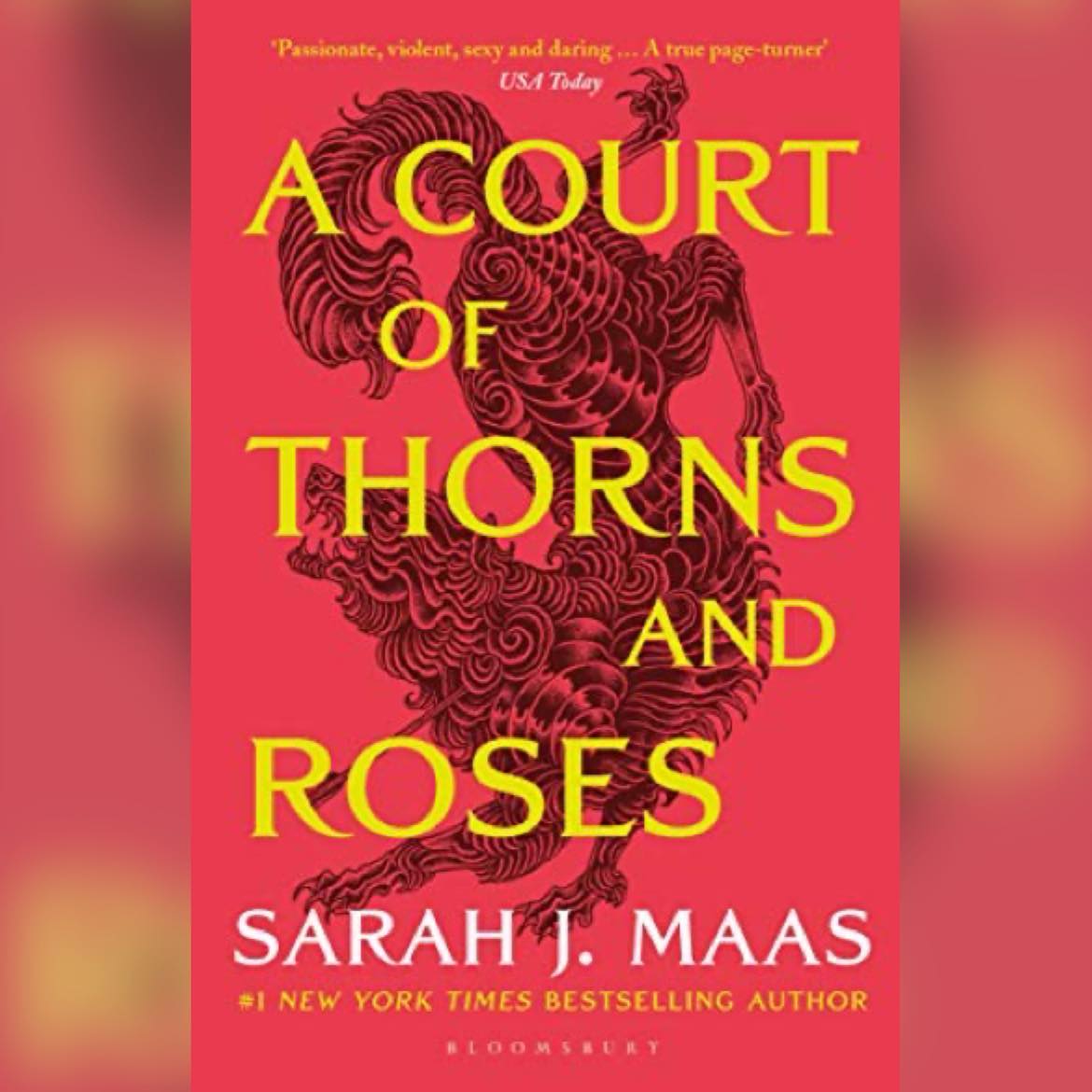 A Court of Thorns and Roses by Sarah J. Maas book cove a pink background with a black wolf type illustration in front with the title in large yellow text on top.